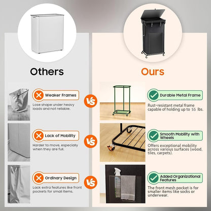 Laundry Hamper with Wheels, 150L Rolling Laundry Basket with Bag & Handles | Sturdy Metal Frame | Removable Bag | Large & Tall Dirty Clothes Hampers for Laundry Room, Bedroom, Dorm, Bathroom-Black
