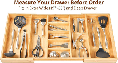 Large Expandable Kitchen Silverware Utensils Drawer Organizer, 2.5" Extra High Adjustable Drawer Divider with Curved Grooves, Bamboo Wood Cutlery Tray Flatware Holder
