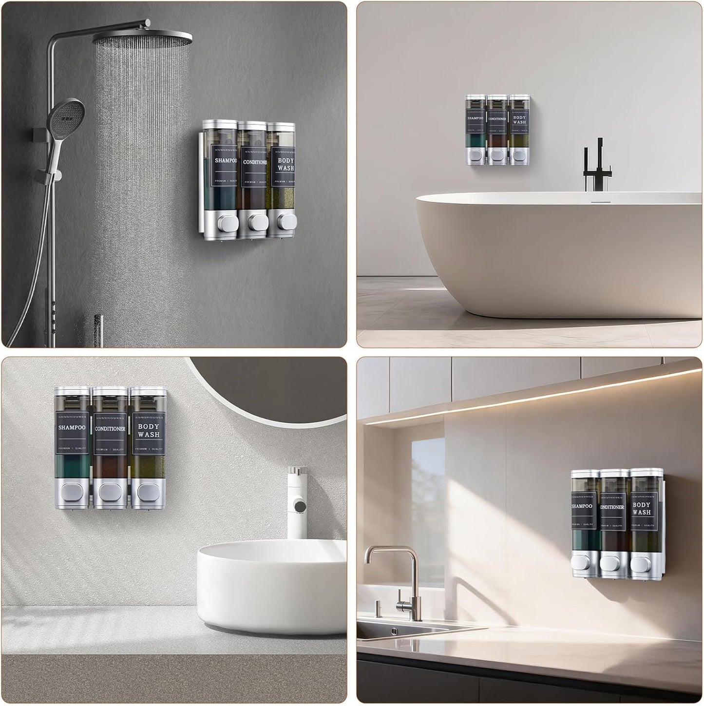 Shampoo and Conditioner Dispenser,Shower Soap Dispenser 3 Chamber No Drill Wall-Mounted Shampoo Dispenser for Shower Wall Mounted Shower Dispenser for Bathroom Hotel Large Capacity,Dark Gray1