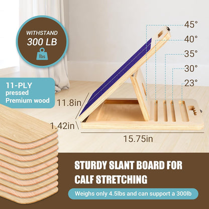 Slant Board Calf Stretch with Stretch Strap, 300 lb Portable Incline Board | Training Poster, Non-Slip Adjustable Wooden Calf Mobility Board for Calf Ankle Knees Achilles Physical Therapy Leg Exerciser