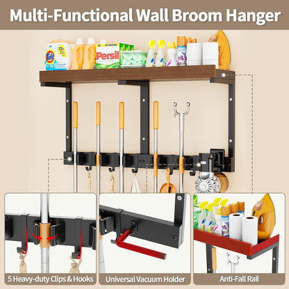 Broom and Mop Organizer Wall Hanging, Broom Hanger Holder Wall Mount | 3-in-1 Mop and Broom Holder Wall Mount with Storage Shelf & Vacuum Organizer,5 Racks,5 Hooks for Garage,Kitchen,Laundry Room