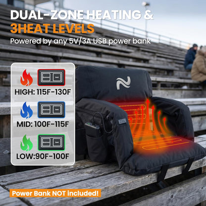 25in 5.12" Extra Thick&Wide Heated Stadium Seat for Bleachers | Sofa Style Design Thick Bleacher Chair With Back and Comfy Cushion, 6 Reclining Positions, 3 Heat Levels (NO Battery)