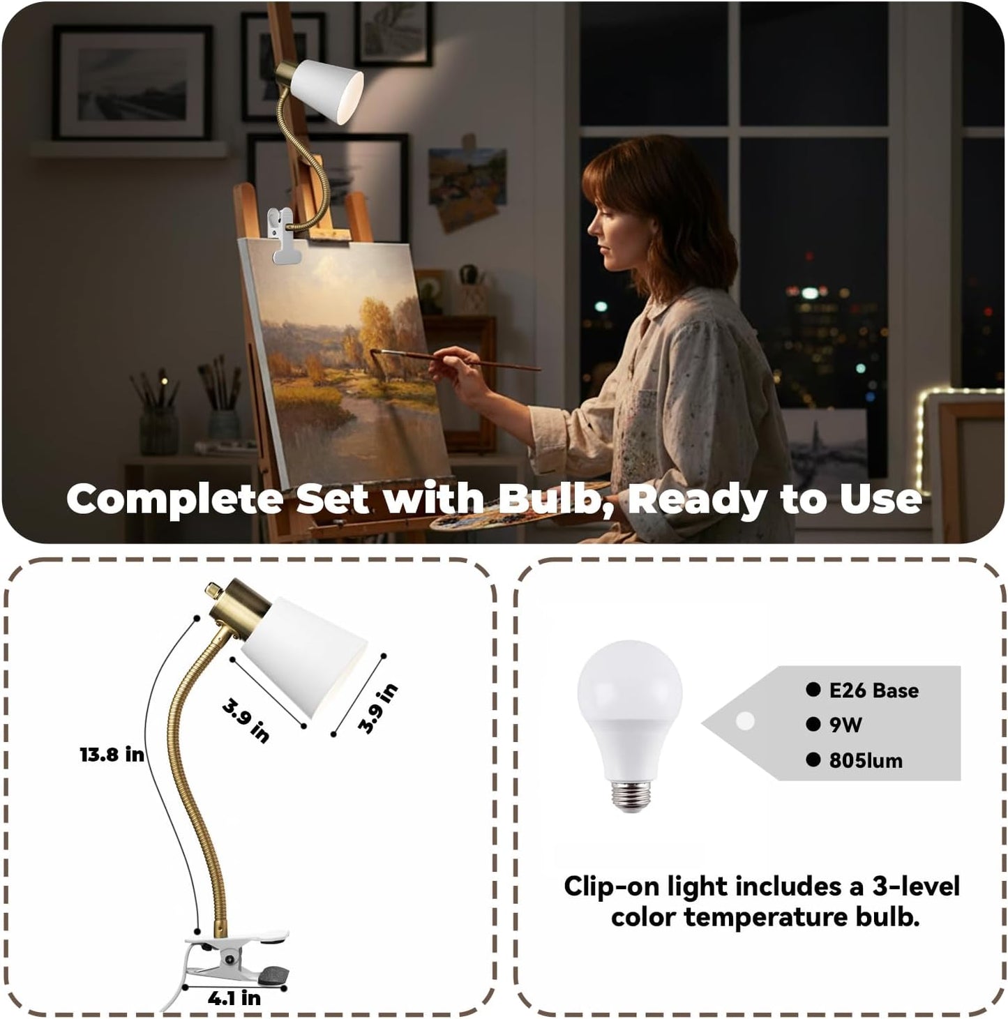 Desk lamp Eye-Caring Table Lamps, 360°Rotation Gooseneck Clip on Lamp Reading Light Portable Reading Book Light Clamp Study Desk Lamps for Bedroom and Office Home Lighting (White)