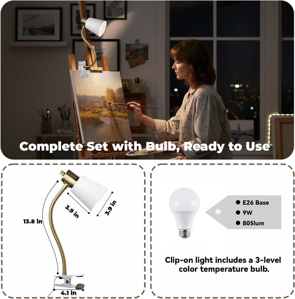 LALISU Desk lamp Eye-Caring Table Lamps, 360°Rotation Gooseneck Clip Lamp