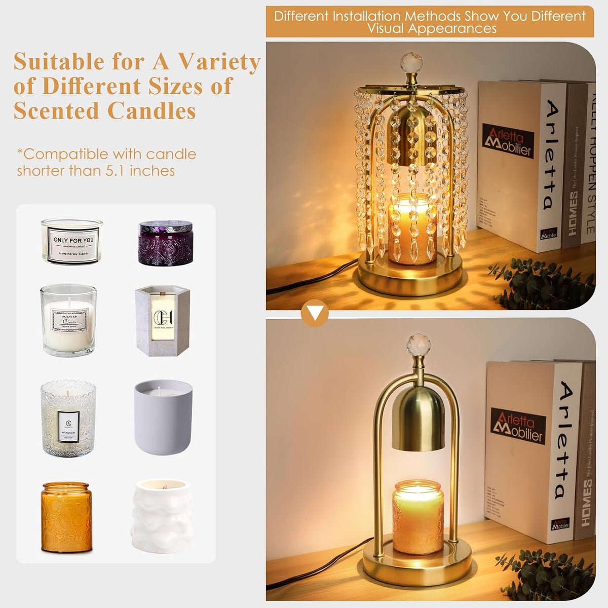 Gold Candle Warmer Lamp with Timer and Dimmer - Electric Candle Warmer,Crystal Candle Lamp for Bedroom Decor,Flameless Scented Candle Light Warmer,House Warming Gift New Home for Women