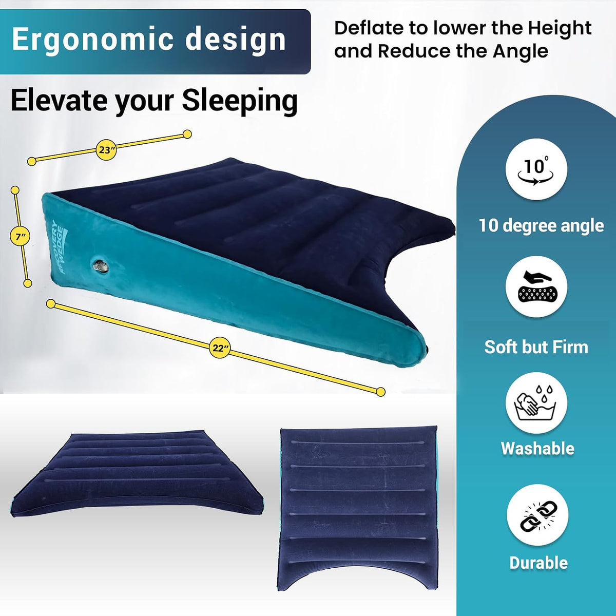Leg Elevation Pillow by Recovery Wedge, Inflatable Wedge Pillow for Sleeping and Post-Surgical, Improve Circulation and Reduce Swelling, Speed Injury Recovery. (Large triangle)