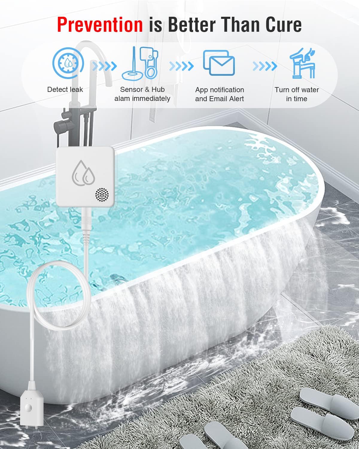 Water Leak Detector for Home, 95dB Water Alarm, 1m Probe, Hub Add-On | One probe tip on a 39 in waterproof cable; water and no-water alert modes; under sink, washer, heater, basement, sump pit