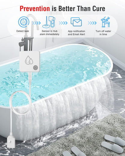 Water Leak Detector for Home, 95dB Water Alarm, 1m Probe, Hub Add-On | One probe tip on a 39 in waterproof cable; water and no-water alert modes; under sink, washer, heater, basement, sump pit