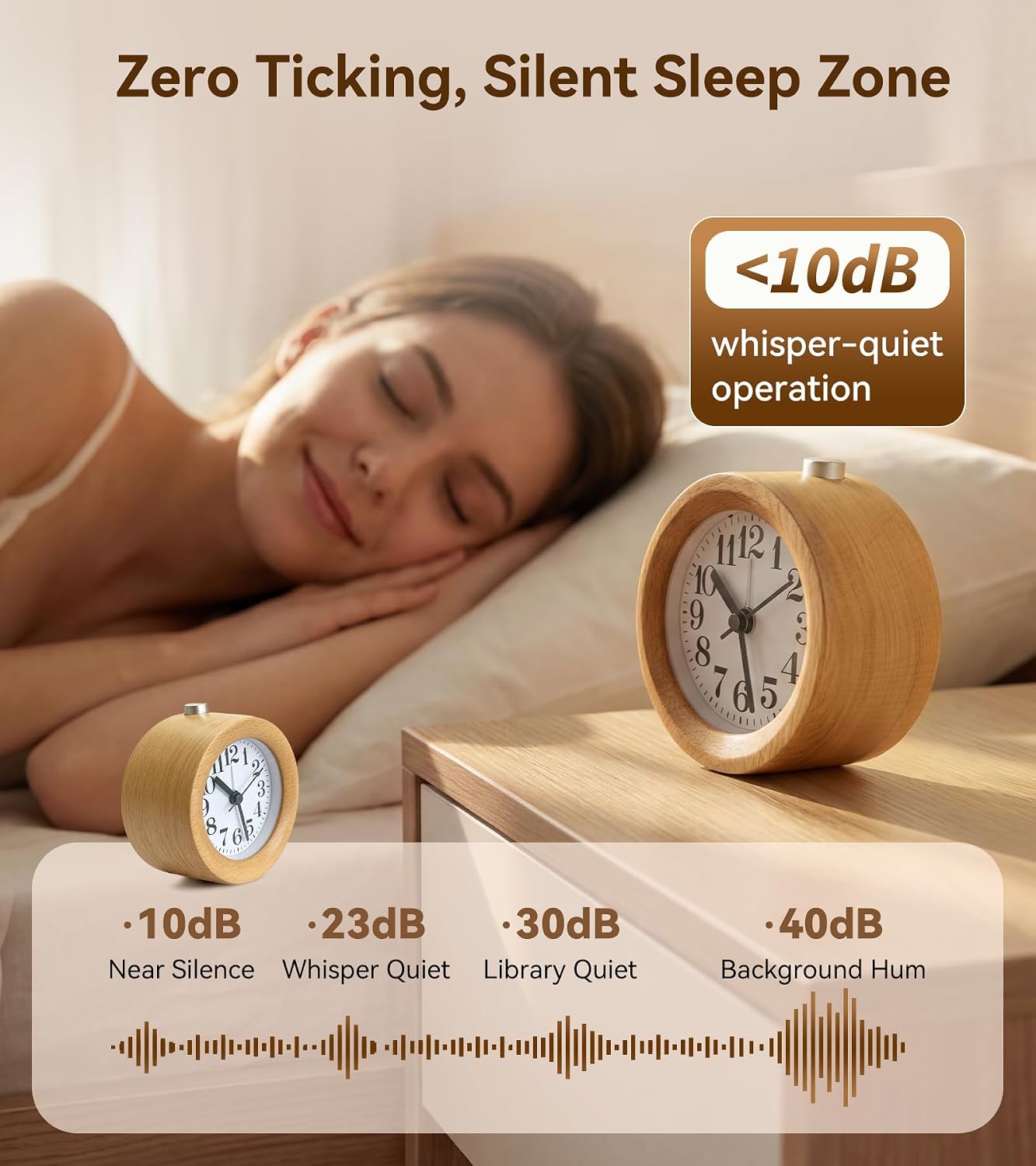 Wood Analog Alarm Clock: Silent Non-Ticking for Quiet Bedrooms | Small Battery Operated Natural Wooden Design - Warm Night Light Shows Time on Demand & 5-Minute Snooze Makes Mornings Easier
