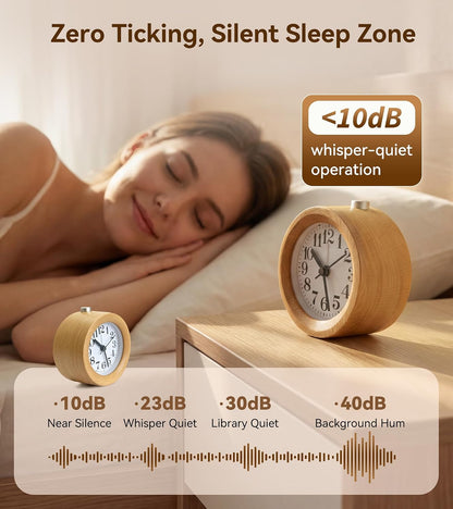 Wood Analog Alarm Clock: Silent Non-Ticking for Quiet Bedrooms | Small Battery Operated Natural Wooden Design - Warm Night Light Shows Time on Demand & 5-Minute Snooze Makes Mornings Easier