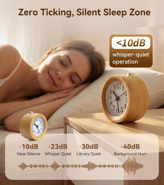 Wood Analog Alarm Clock: Silent Non-Ticking for Quiet Bedrooms | Small Battery Operated Natural Wooden Design - Warm Night Light Shows Time on Demand & 5-Minute Snooze Makes Mornings Easier
