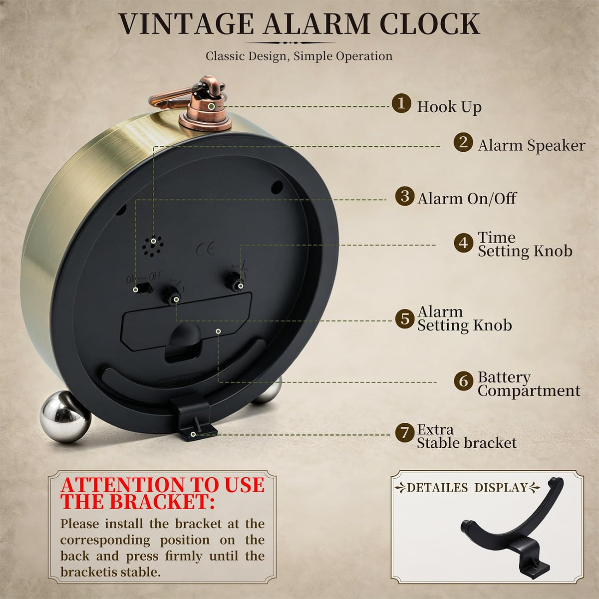 Metal Analog Alarm Clock - 5'' Battery Operated Silent Non-Ticking Quartz Antique Retro Small Desk Clocks for Bedside Bedrooms Living Room Office Home Decor (Bronze)