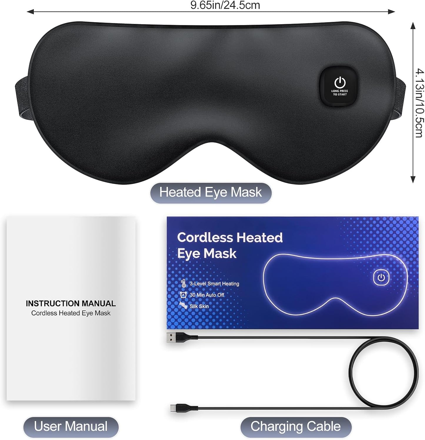 Cordless Heated Eye Mask for Dry Eyes, Blocking Light Warm Compress Rechargeable, 1000mAh Electric Eye Heating Pad for Sleeping, Washable Heat Sleep Mask with 3 Temperature Settings, Grey | Blocking Light Warm Compress Rechargeable, 1000mAh Electric Eye