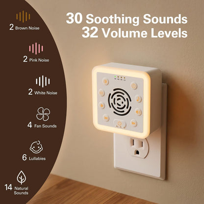 Zarler Wall Plug in White Noise Machine - Always On, No Batteries to Recharge, Noise Masking Sound Machine for Sleep, Office Privacy & Travel, 32 Volume Controls, 30 Soothing Sounds, Night Light