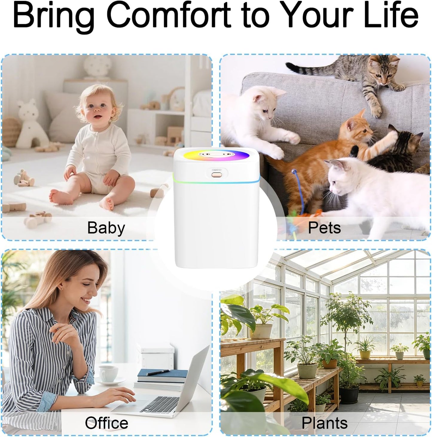 Humidifier for Bedroom, 25dB Cool Mist Humidifier for Home, 2L Top Fill Tank for Large Rooms with 24H Runtime, NightLight, 12H Auto-off Safe for Baby Nursery, Office, Pets, Plants, SD03a, White
