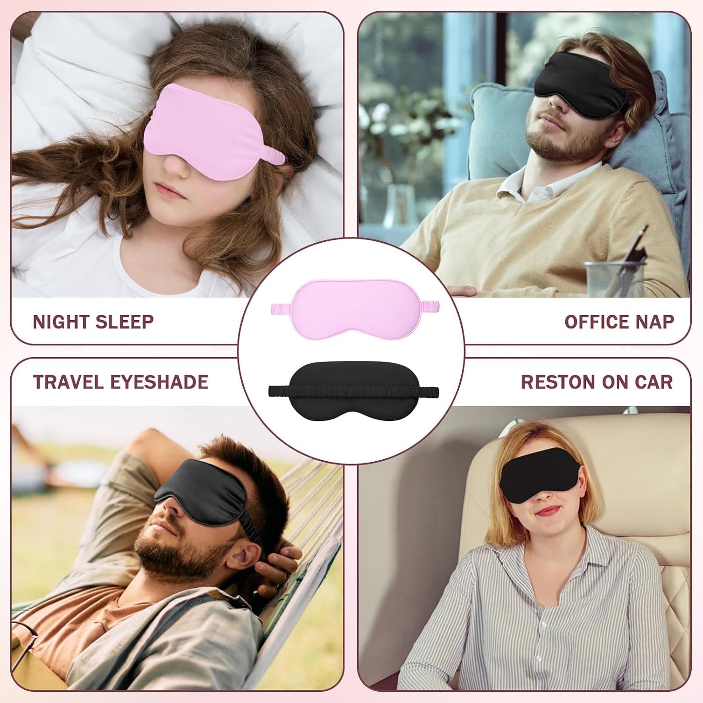 Amrules Sleep Mask Set of 2, Adjustable Silk Eye Mask for Sleeping, Soft Sleeping Eye Shade Cover for Women, Good for Blocking Light, Reducing Puffiness, Enhancing Sleep Quality (Blush Pink & Black)