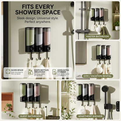 Shampoo and Conditioner Dispenser Wall Mounted with Hooks, 3-Chamber 1200ML Shower Soap Dispenser, No-Drill Bathroom Shower Organizer for Shampoo, Conditioner, Body Wash（Gun Grey）