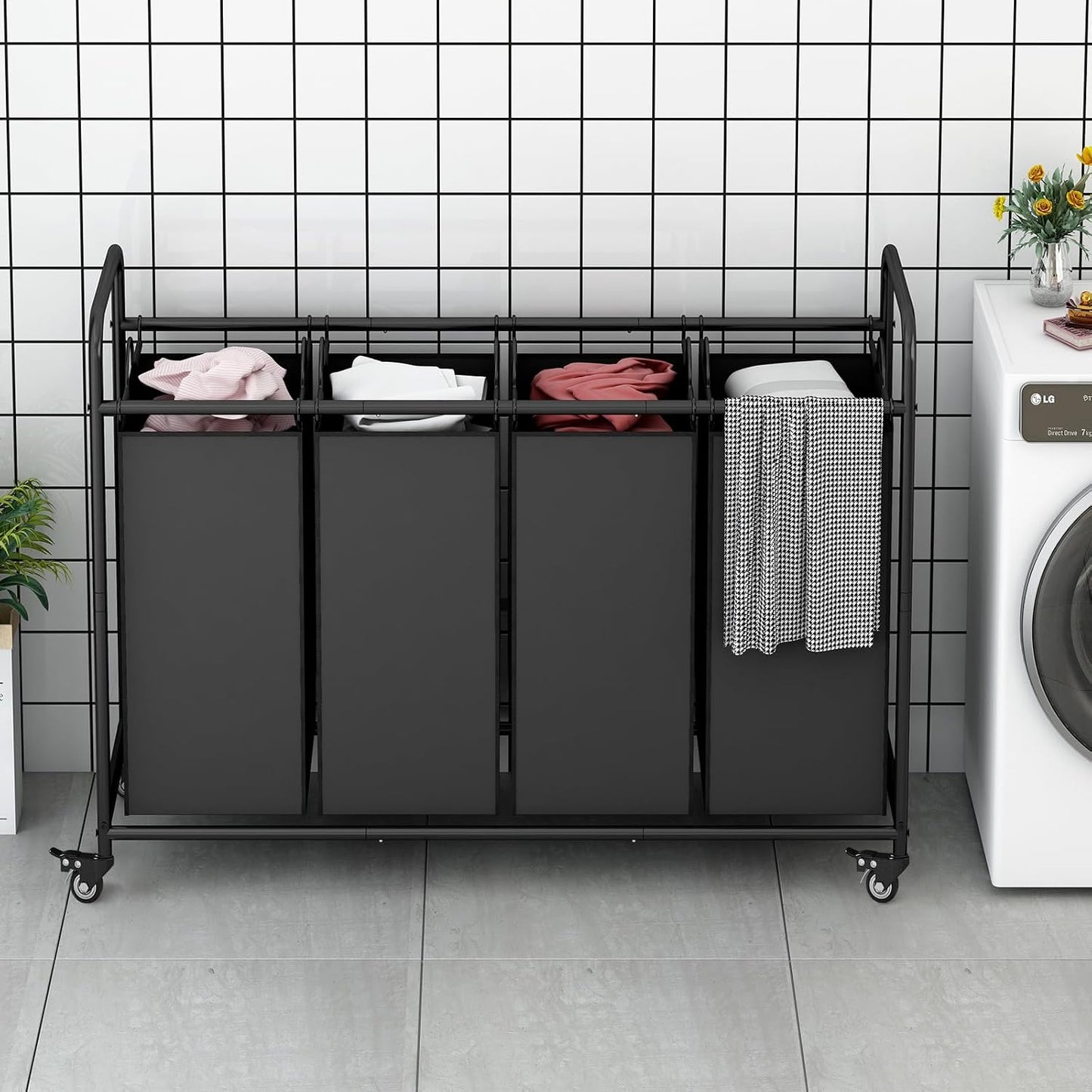 LINZINAR 3 Section Laundry Hamper, Black Laundry Basket 135L Laundry Sorter | Laundry Room Organization with Heavy Duty Rolling Lockable Wheels and Removable Bag, Bedroom Laundry Cart for Clothes Storage