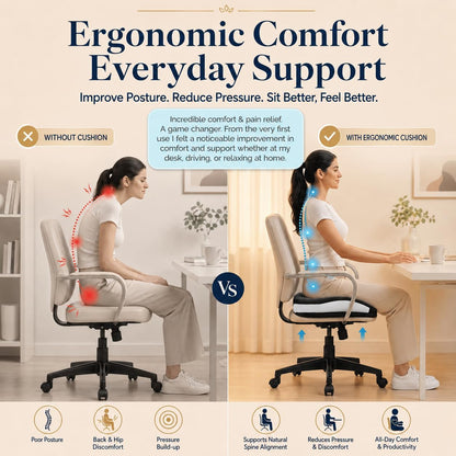 Memory Foam Ergonomic Seat Cushion for Office Chairs Pain Relief | Suitable for prolonged sitting, relieves tailbone pain, fits office chairs, wheelchairs, car seats and computer desk chairs