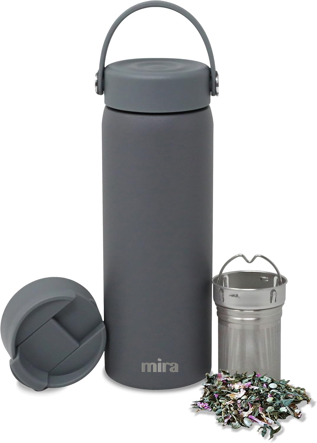MIRA 18 oz Tea Infuser Thermo - Stainless Steel Travel Bottle with Removable Strainer for Loose Leaf Tea - Insulated Hot & Cold Brew Steeper - White