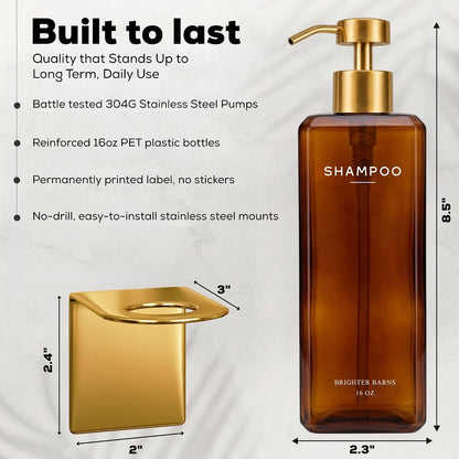 Luxury Shampoo and Conditioner Dispenser Set Wall Mounted by Brighter Barns - Refillable Shower Dispenser with Stainless Steel Pumps - Shampoo Bottles 3 Chamber No Drill for Airbnb, Spa, Hotel (White)