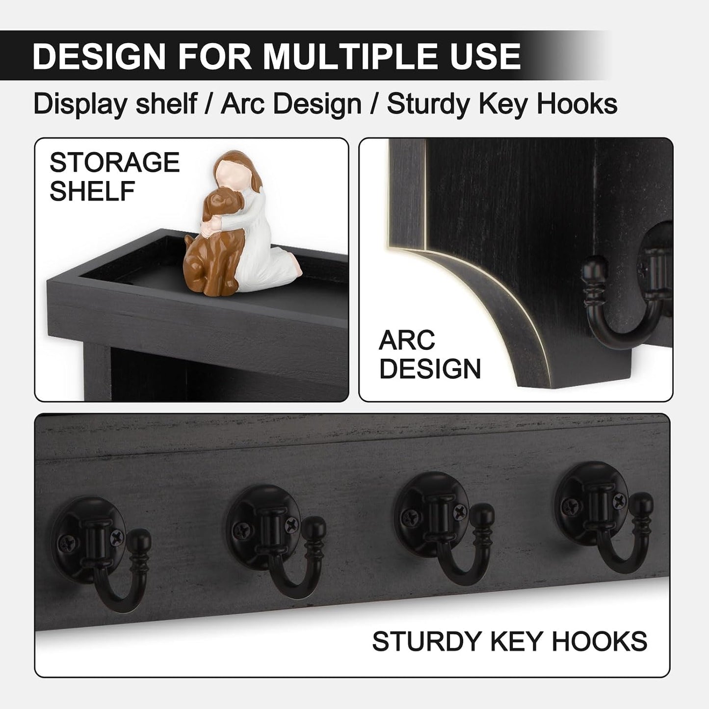Key and Mail Holder Wall Mount, Mail Organizer with 5 Key Hooks | Key Holder with Shelf, Key Holder for Coat, Dog Leash, Home Decor Rack, Entry Way Organizer