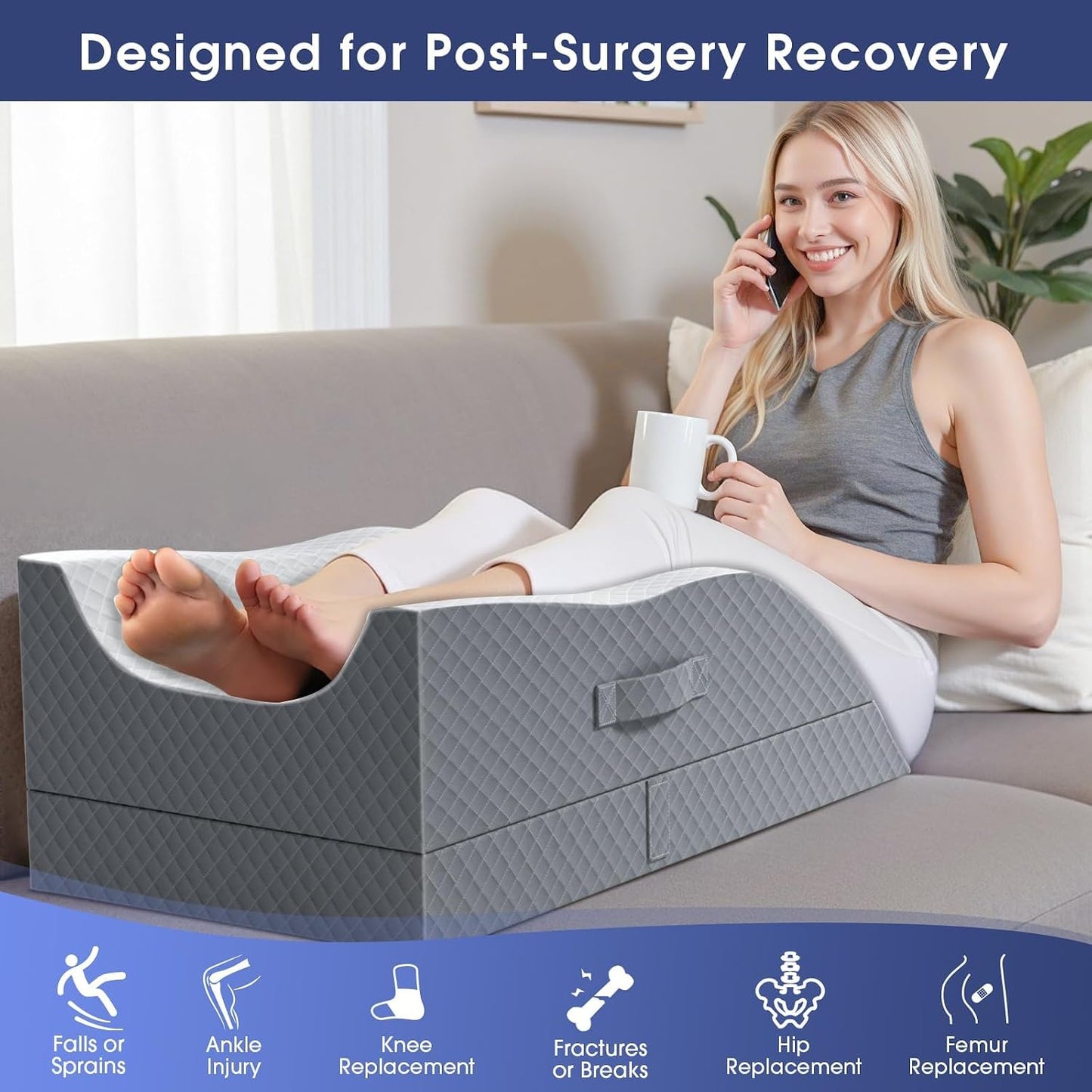 CushZone Leg Pillow, Leg Elevation Pillow with Pad and Memory Foam, Height Adjustable Bolster Pillow for Legs, Leg Pillow Elevation Blood Circulation, for Post-Surgery, Grey