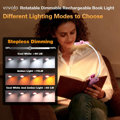 VAVOFO Rechargeable Book Light Rotatable：24 LEDs Reading Light, 3-Color & 9-Brightness Book Lamp, Eye Cared 120Hrs Runtime Lightweight Clip on Led Light for Book Lovers (Black)