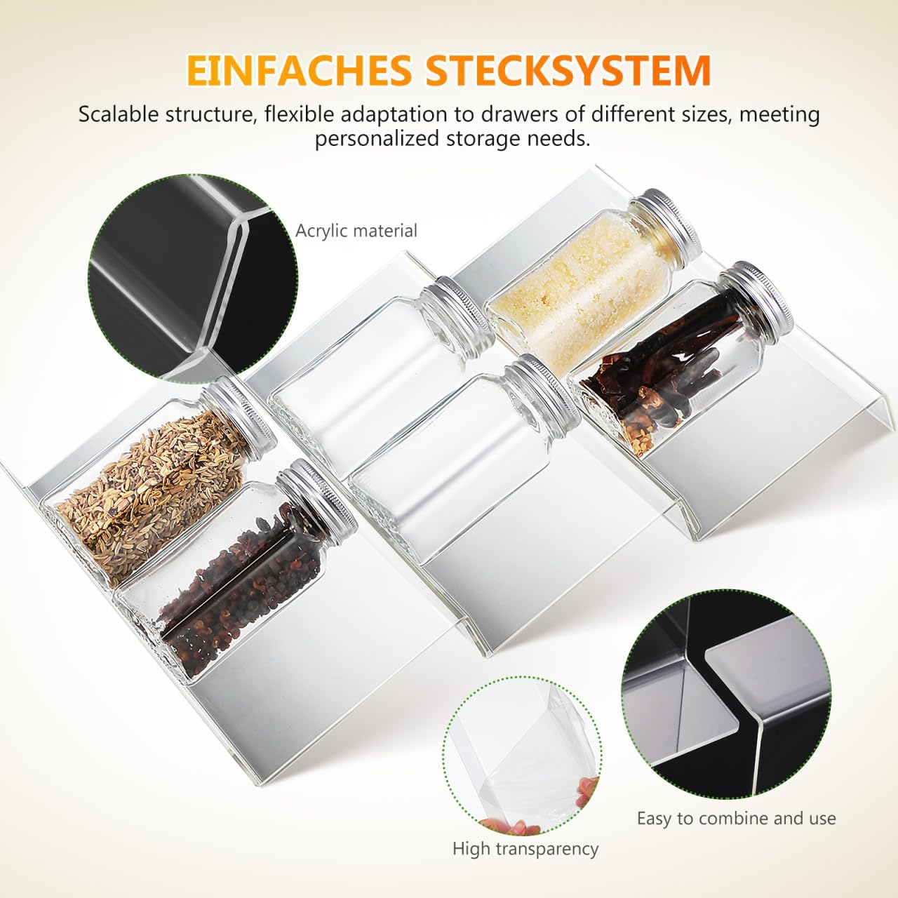 DECHOUS Spice Drawer Organizer: 4 Tier Expandable Clear Acrylic Spice Rack Organizer for Cabinet and Kitchen Drawer Insert - Seasoning Organizing Rack for Storage - 9" to 18" Adjustable