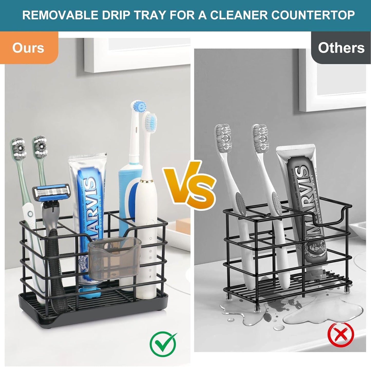 Toothbrush Holders for Bathroom,Black,Stainless Steel,Detachable,Tray,3 Slot