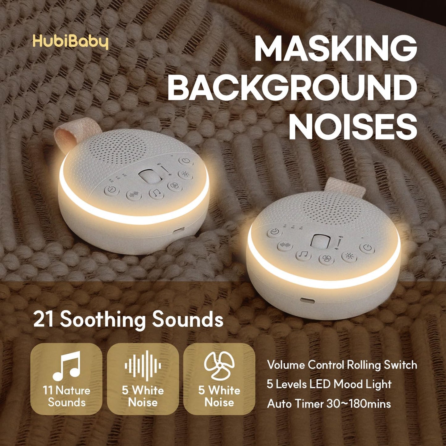HuBDIC HubiCare White Noise Machine, Portable Sound Machine with 21 Soothing Sleep Sounds, Long-Lasting Battery, Gentle LED Mood Light, Travel-Friendly Sleep Aid for Newborns, Children