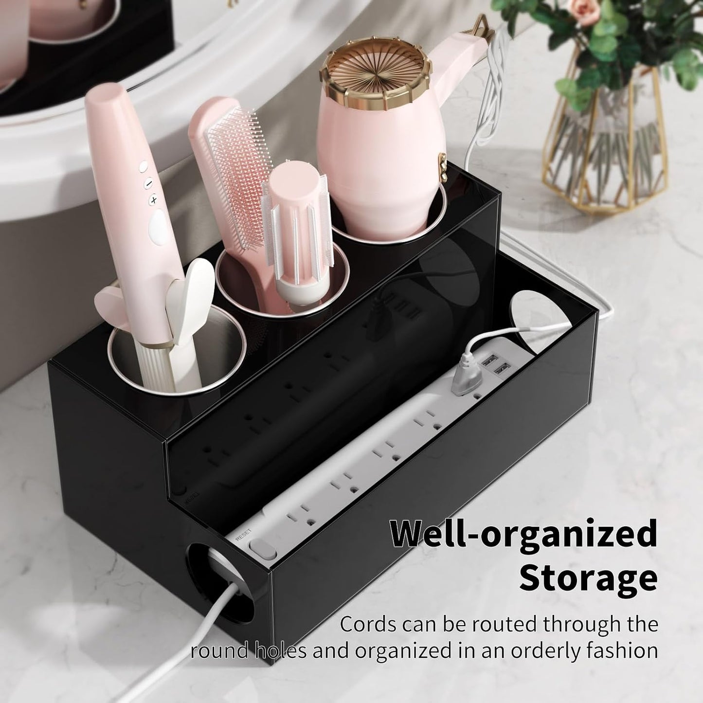 NIUBEE Acrylic Hair Tool Organizer,Hair Dryer Holder Countertop with 3 Cups | Clear, Hot Tools Organizer, Hair Blow Dryer Organizer for Curling Iron, Brush, Straightener, Makeup,Skincare,Vanity, Bathroom