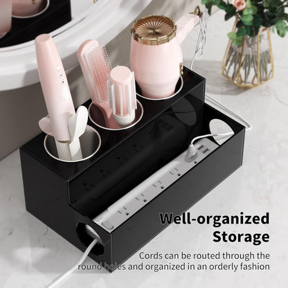 NIUBEE Acrylic Hair Tool Organizer,Hair Dryer Holder Countertop with 3 Cups | Clear, Hot Tools Organizer, Hair Blow Dryer Organizer for Curling Iron, Brush, Straightener, Makeup,Skincare,Vanity, Bathroom