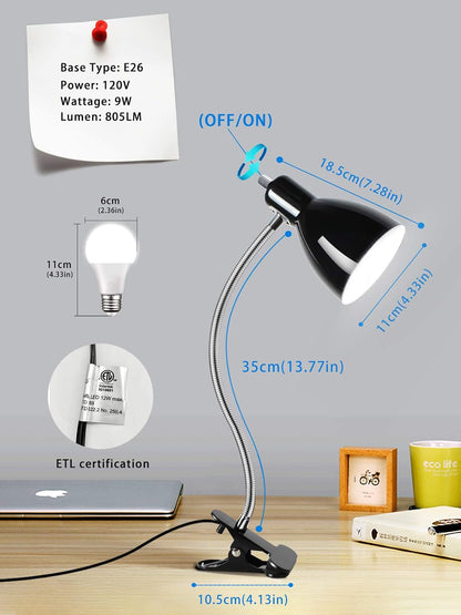 Desk lamp Eye-Caring Table Lamps, 360°Rotation Gooseneck Clip on Lamp Reading Light Portable Reading Book Light Clamp Study Desk Lamps for Bedroom and Office Home Lighting (White)