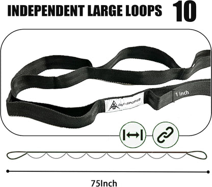 Stretching Strap Yoga Strap with Loops for Physical Therapy, Non-Elastic | 10 Loops, 75 inches length, Multi-Color Selection for Yoga Strap for Stretching, Pilates, Dance and Gymnastics