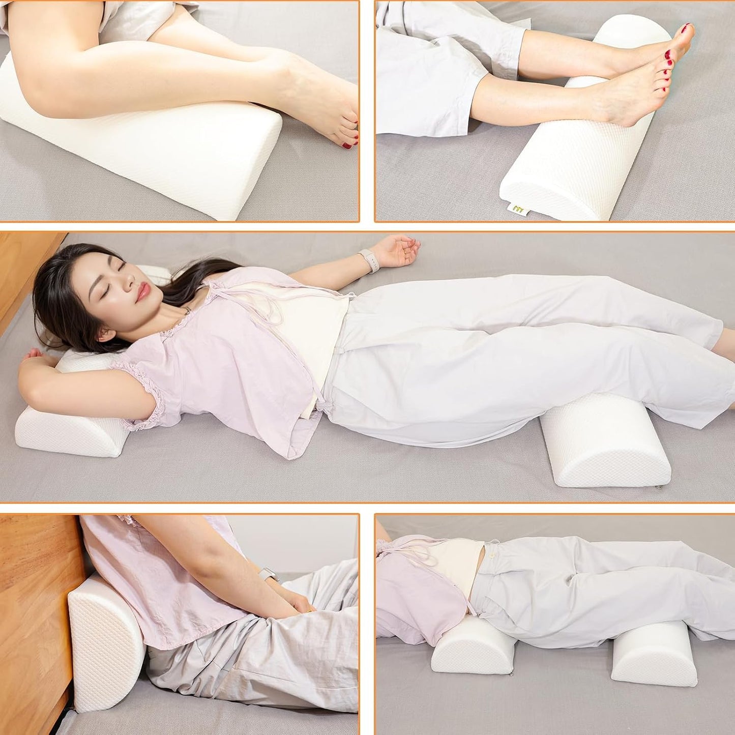 2PCS Knee Pillow for Sleeping, Half Moon Bolster Pillow for Neck, Legs, Ankle Foot & Knee Support, High Density Foam for Leg Elevation (19.6''x6.7''x3.5'', 19.6''x7.8''x4.3'')