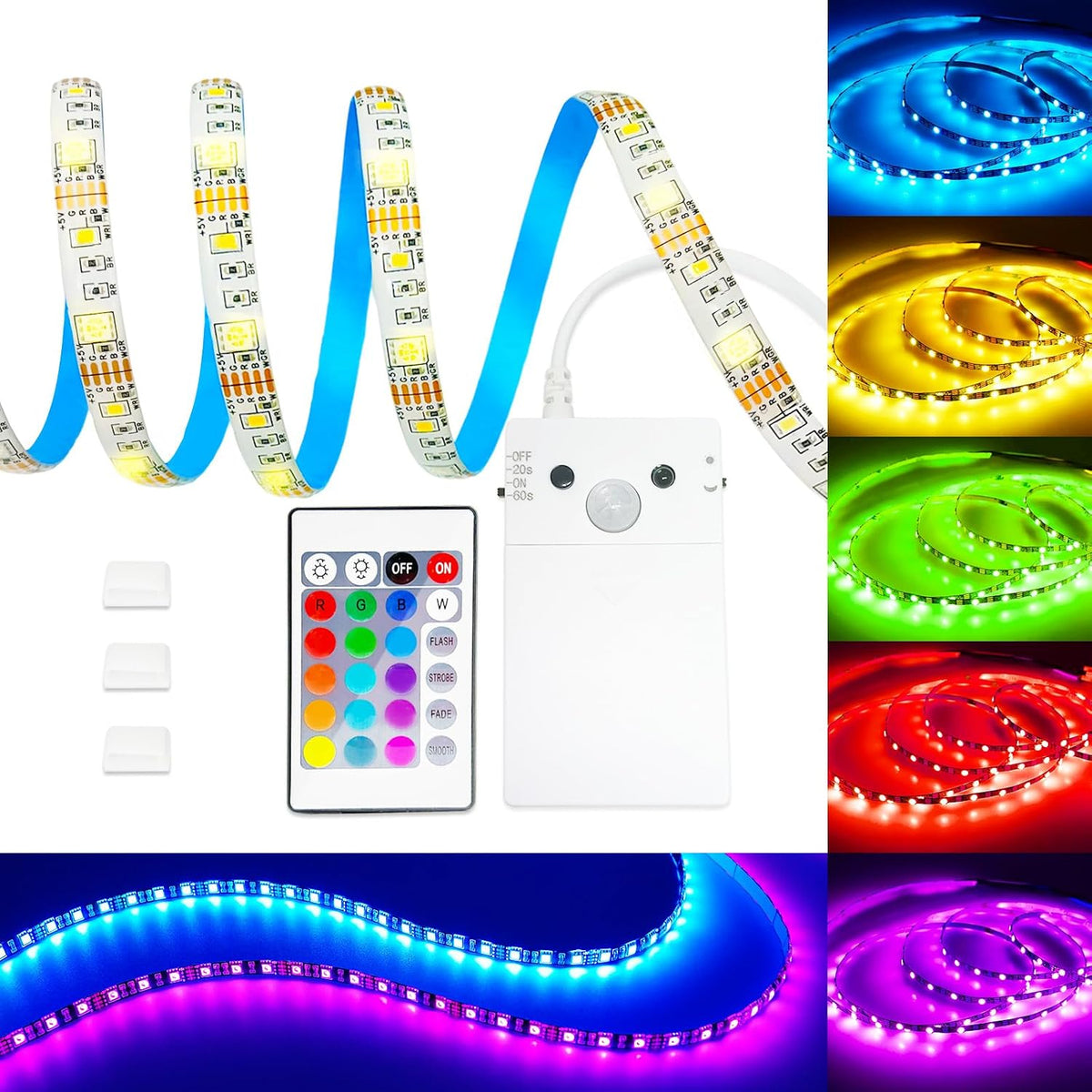 Motion Sensor Strip Lights Battery Operated, 6.6FT Color Changing Led Strip Light Dimmable with Remote/4Modes, RGB & Warm White Light Strip Waterproof for Bedroom Bathroom Cabinet Closet Indoor