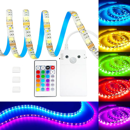 Motion Sensor Strip Lights Battery Operated, 6.6FT Color Changing Led Strip Light Dimmable with Remote/4Modes, RGB & Warm White Light Strip Waterproof for Bedroom Bathroom Cabinet Closet Indoor