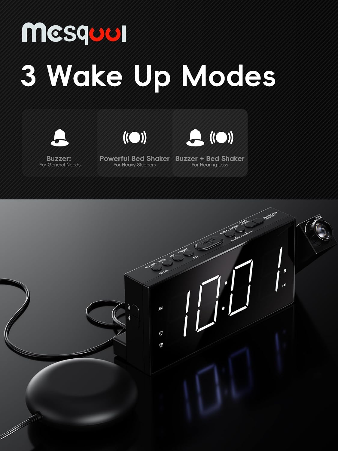 Mesqool Projection Alarm Clock with Bed Shaker, Dual Alarms