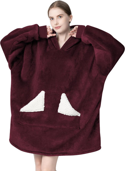 Wearable Blanket Hoodie, Oversized Sherpa Fleece Sweatshirt Blanket with Giant Hood Pocket and Sleeves for Adult, Warm & Cozy Grey Blanket Gifts for Women