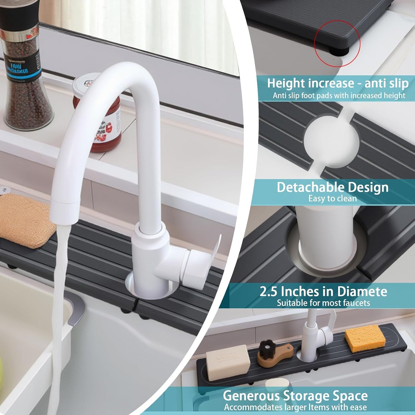 Faucet Mat for Kitchen Sink with Raised Feet, Stone Sink Mat Quick Dry around Faucet, Water Absorbent Stone Tray, Sink Splash Guard & Protectors, Stone Drying Mat for kitchen Counter