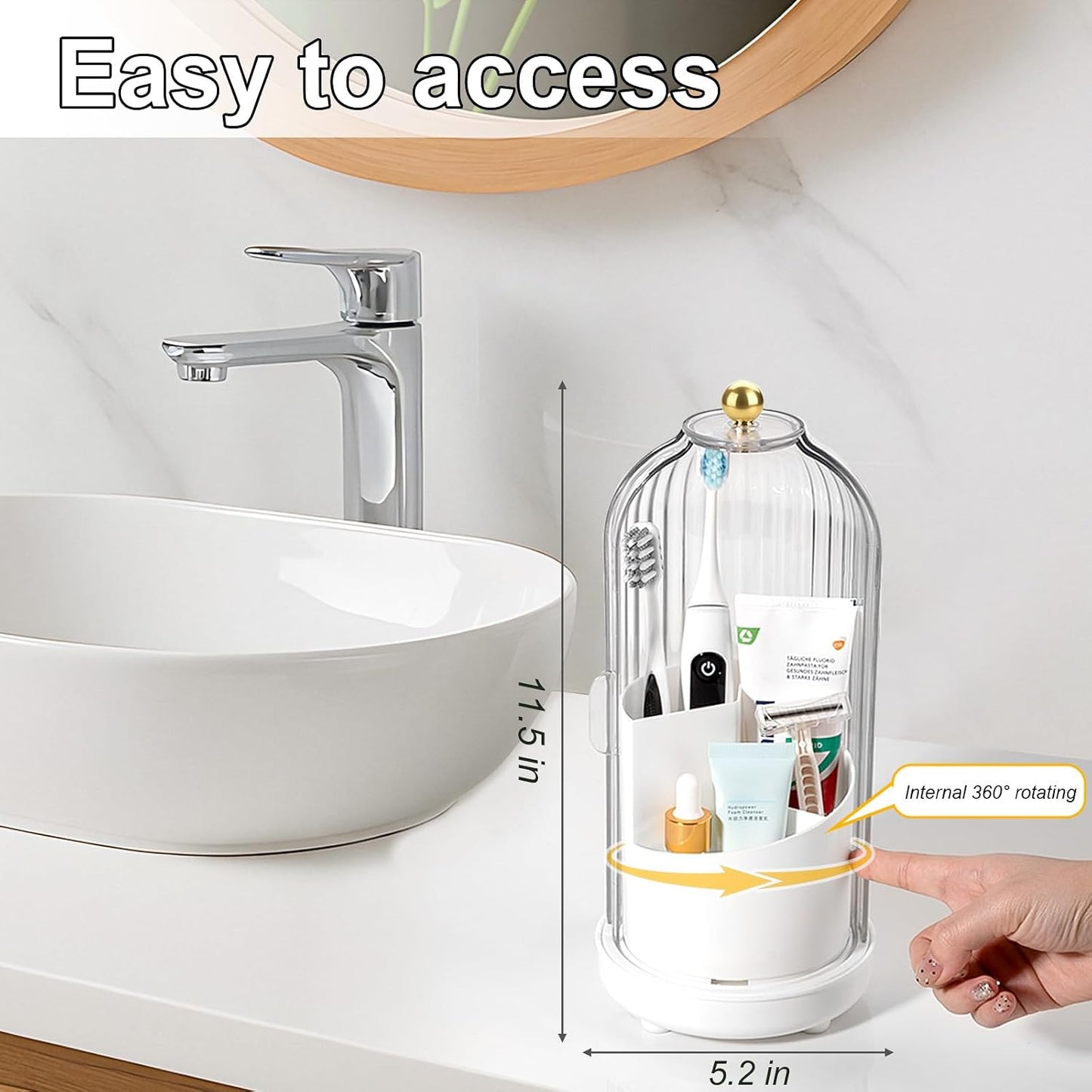 Toothbrush Holders with Cover Toothpaste Organizer for Bathroom, White | 360° Rotating, Dustproof Sliding Lid, Drainage Holes, Waterproof, for Kids Electric Toothbrush Makeup Brush Storage