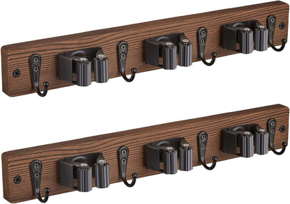 OUTNILI Mop and Broom Holder Wall Mount - Wood Broom Mop Hanger - Wall Mounted Garden Tool Rack Organizer for Closet Garage Laundry Room, Rustic Kitchen Decor With 4 Slots & 4 Hooks