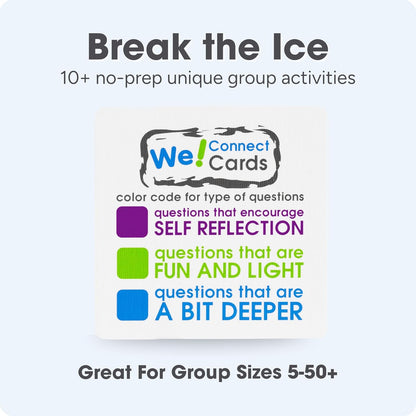 We! Connect, Ice Breaker Conversation Cards for Teams,10+ Activities | 20 fun, 20 deep & 20 self-reflection cards with10-plus activity guides & videos for workplace & education, featured by TEDx
