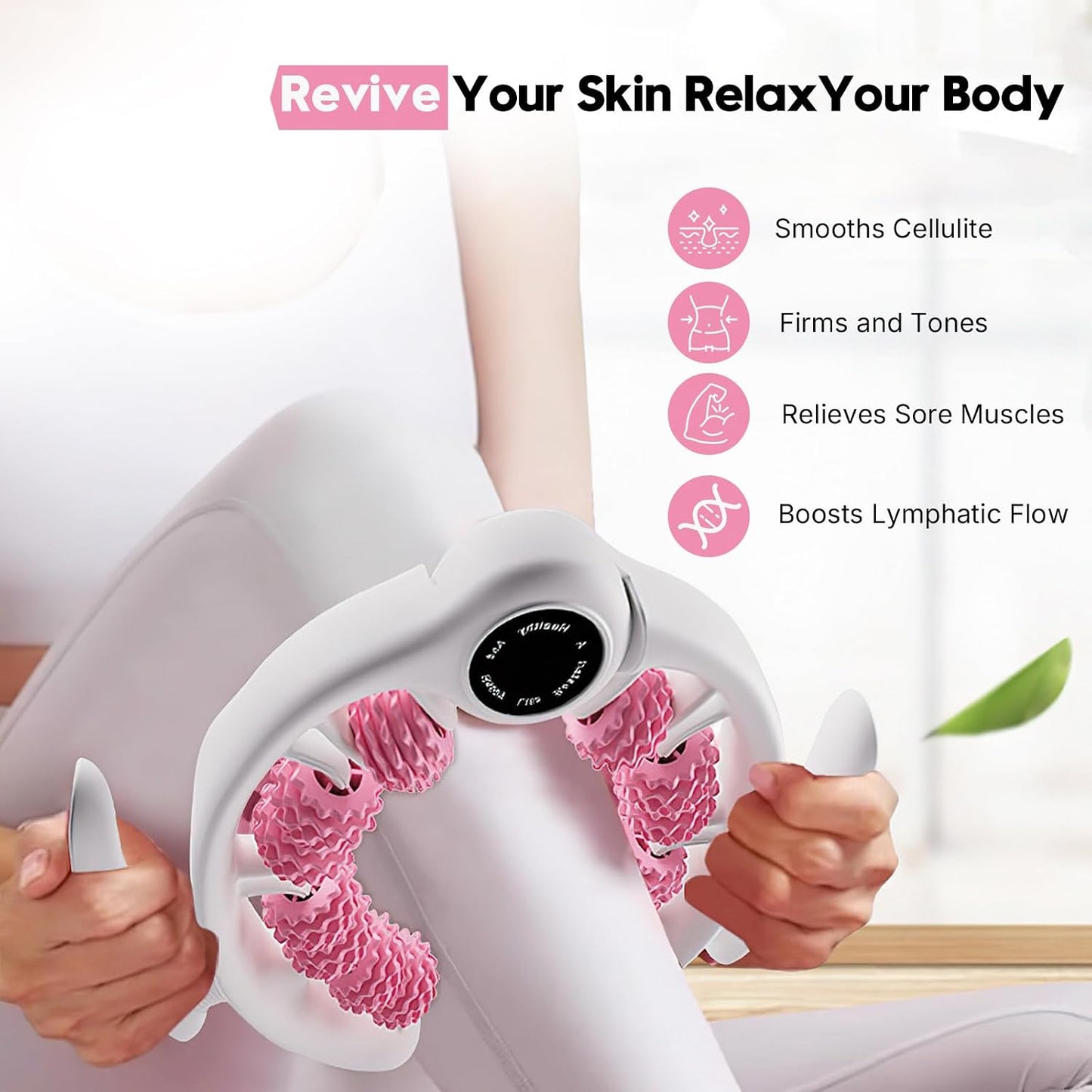 Anti-Cellulite Massage Roller with Handles for Legs & Thighs | Textured roller with detachable handles for legs, thighs and buttocks; compact design for easy storage.