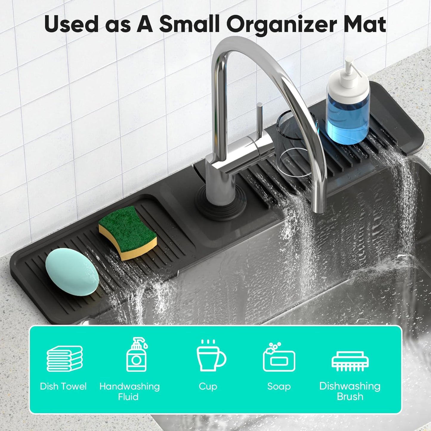 24 Inch Longer Faucet Mat for Kitchen Sink [5° Slope Fast Self-draining]Bathroom Kitchen Sink Splash Guard Silicone Sinks Faucet Mat Splash Guard for Kitchens Sinks Area Tidy Splashs Draining Mats