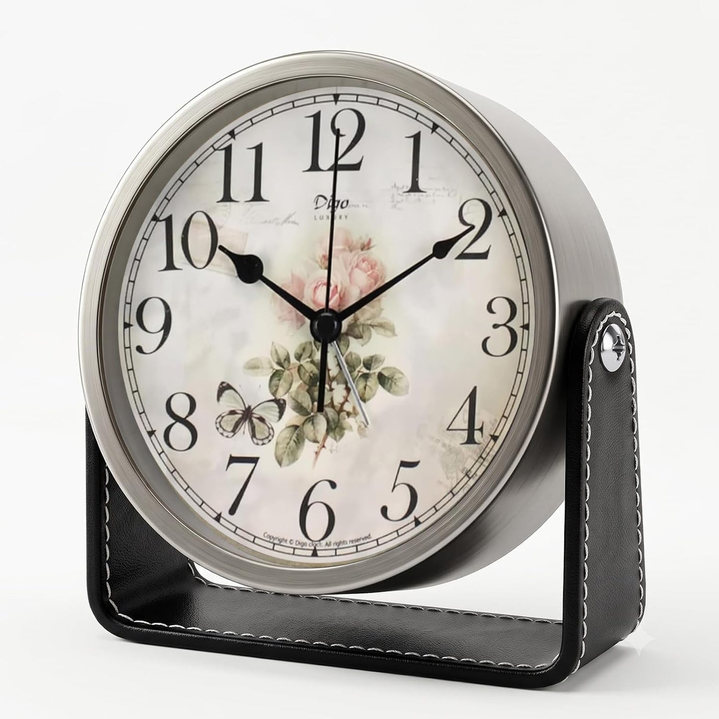Analog Alarm Clock - 4.5" Silent Non Ticking Small Clock with Light, Rotatable Stand Metal Desk Clock Battery Operated, Simple Design for Living Room Decor/ Bedroom/Bedside/Shelf (Black & White)