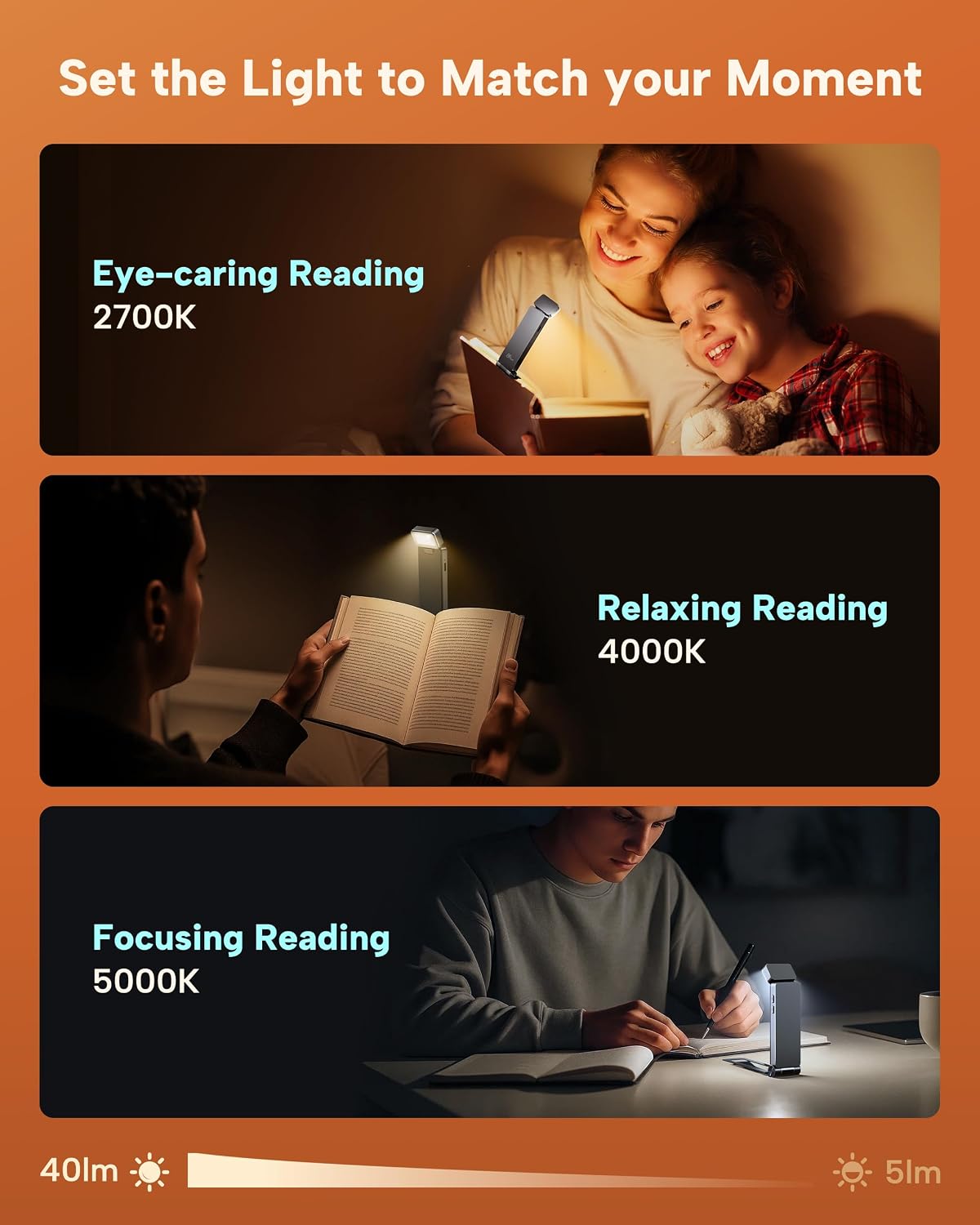 86lux Book Light, Rechargeable Reading Lights for Books in Bed | Ultralight Clip-on LED Bookmark Lamp with 3 Amber Colors & Stepless Dimming for Night Reading for Book Lovers, Ashen