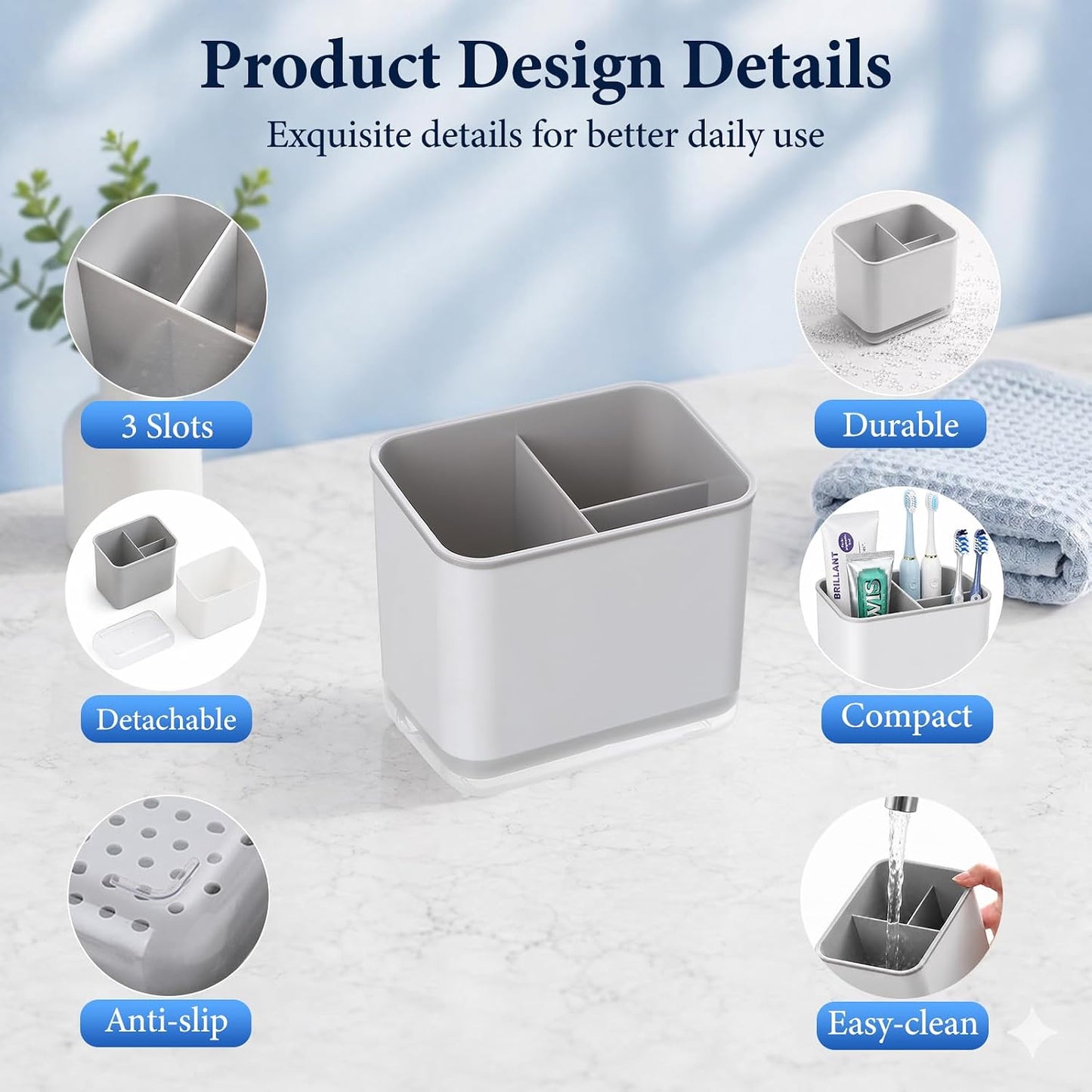 Toothbrush Holders for Bathrooms, 3 Slots Tooth Brush Holder for Bathroom Organizer Storage, Electric Toothbrush Holder and Toothpaste Holder for Countertop with Drainage