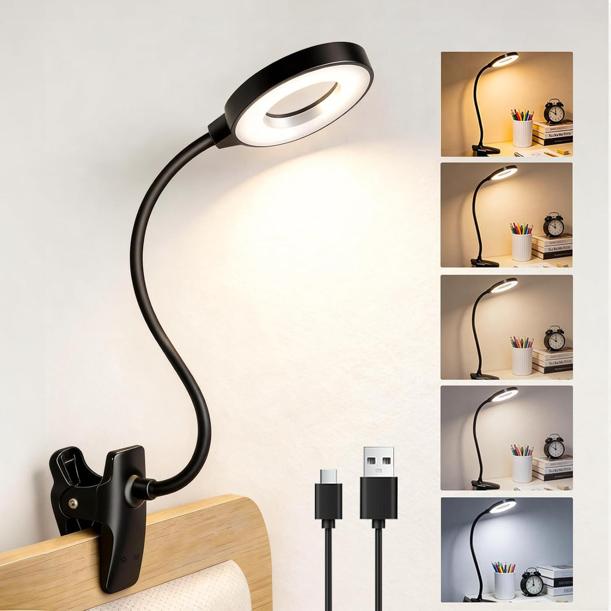 Clip on Reading Light for Bed Headboard, 5 Colors & 5 Brightness, Black